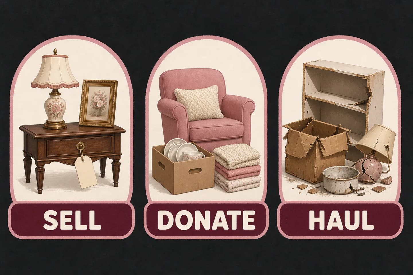 Infographic sorting estate items into sell, donate, and haul groups.