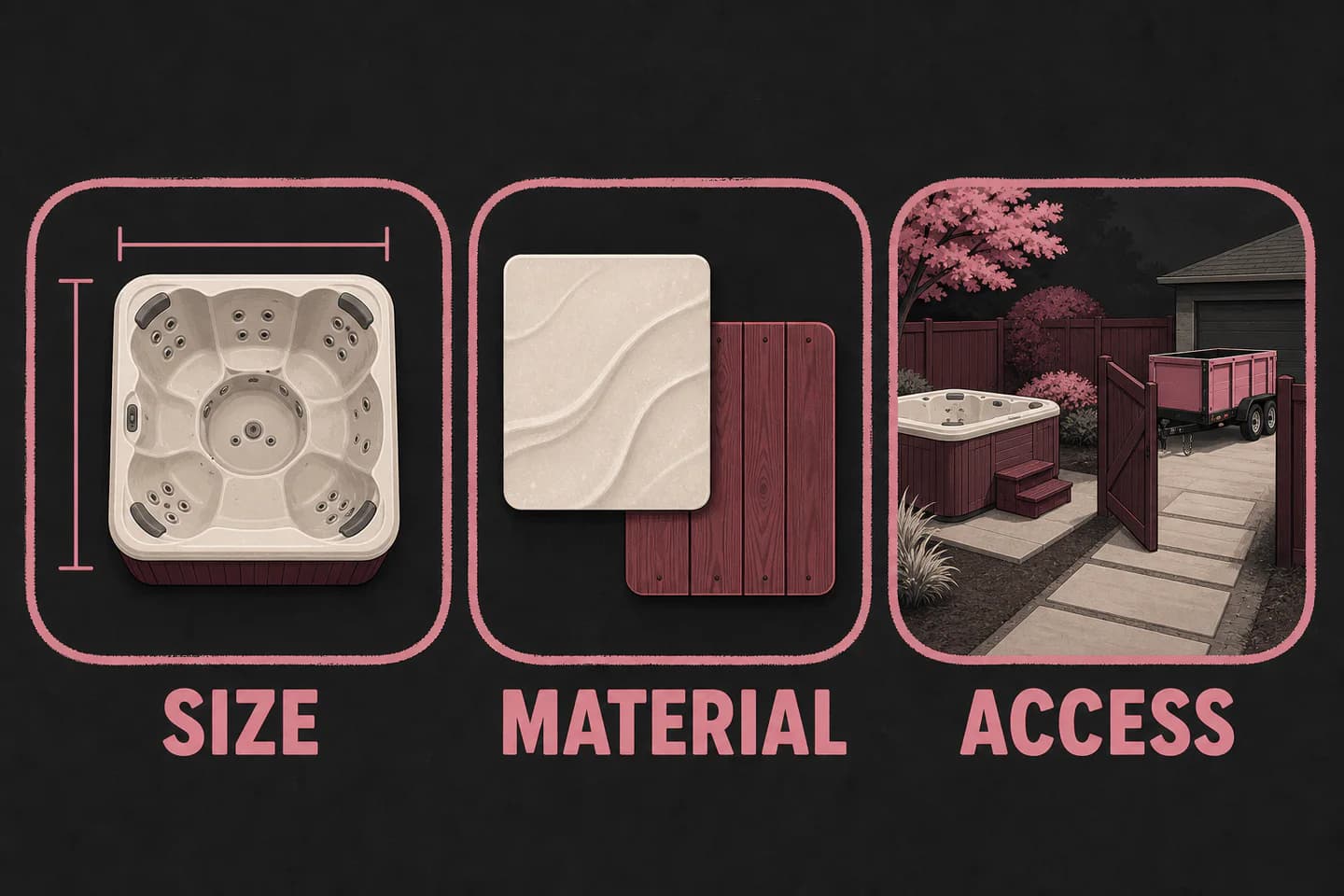 Infographic showing the hot tub size, material, and access route needed for a quote.