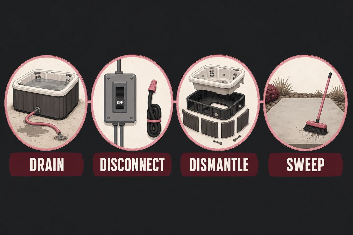 Infographic showing a hot tub being drained, disconnected, dismantled, and the pad swept.