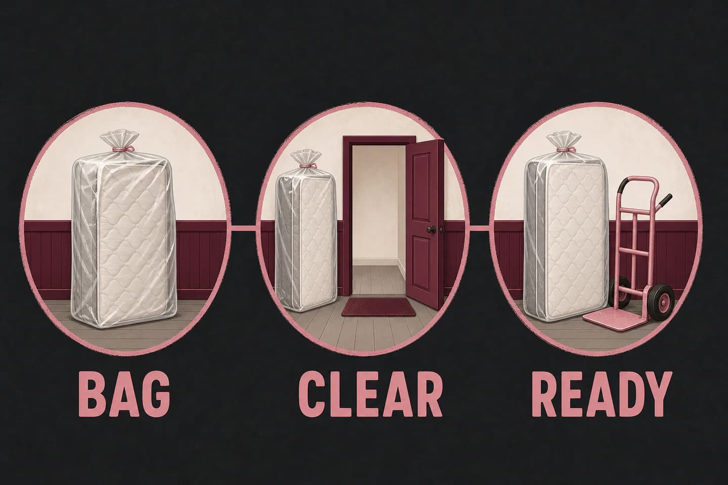 Infographic showing a mattress bagged, placed by a clear doorway, and ready beside a dolly.