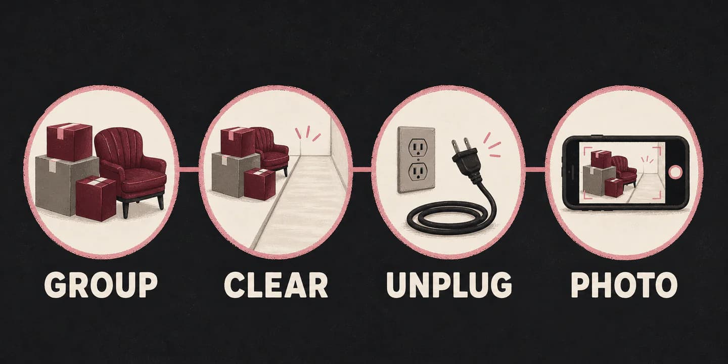 Infographic showing grouped junk, a clear path, an unplugged appliance, and a pickup photo.