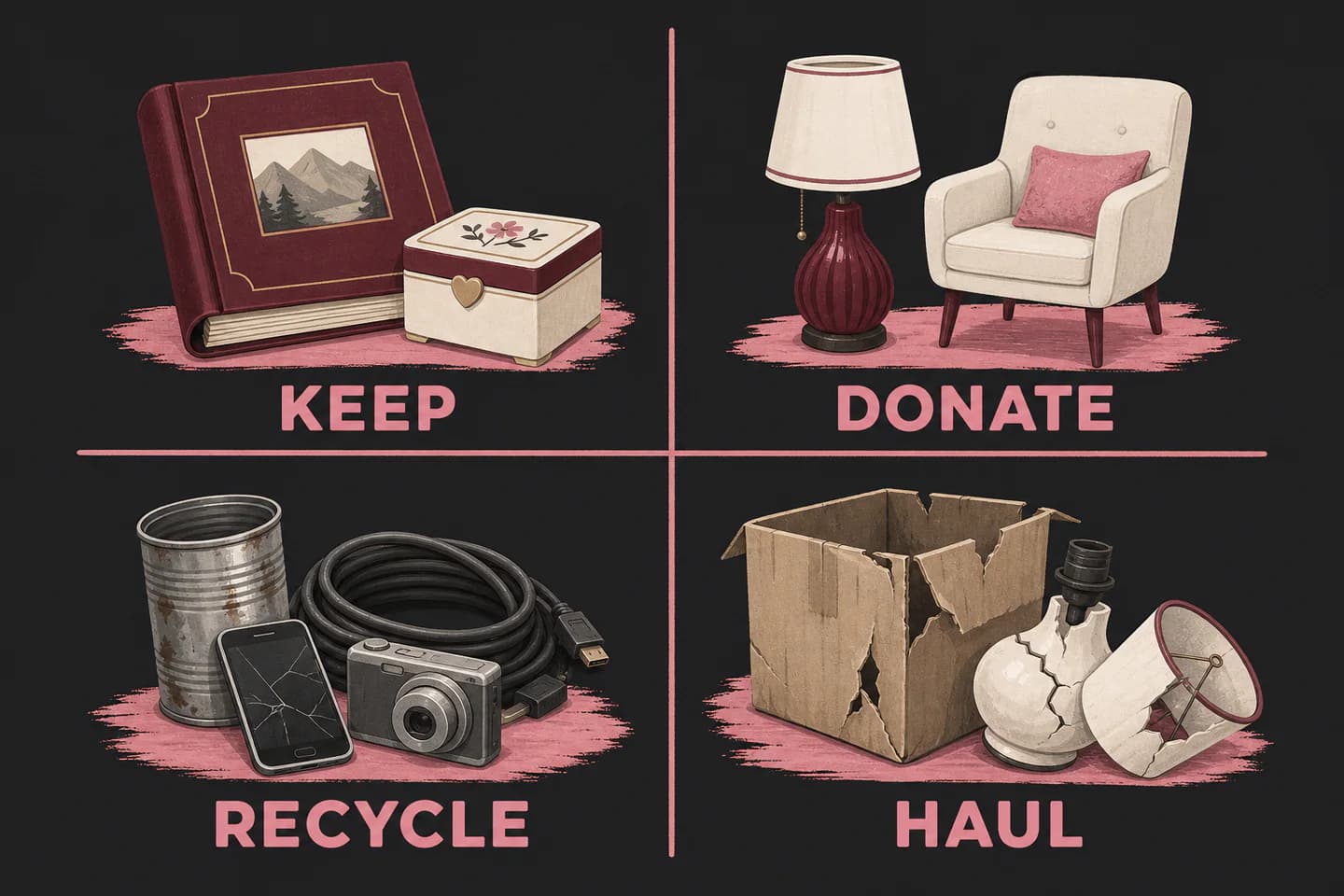Infographic separating household items into keep, donate, recycle, and haul groups.