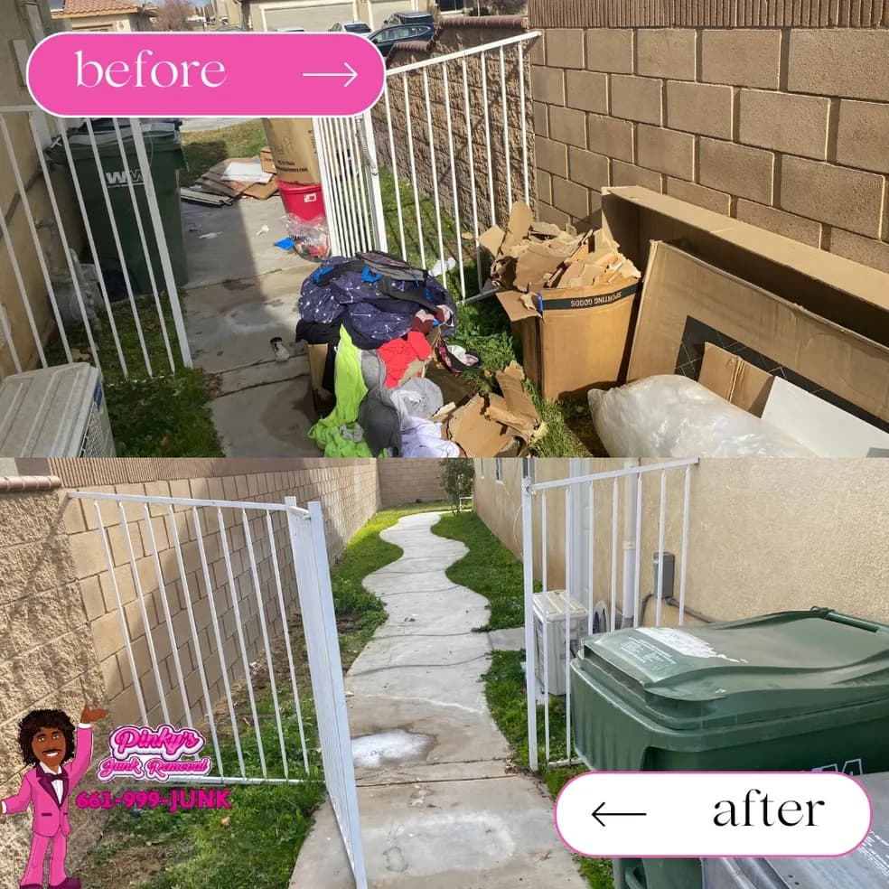 Before and after of a Lancaster garage cleanout: stacked boxes, old bikes, and yard tools cleared to bare concrete.