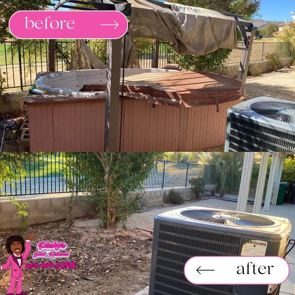 Quartz Hill property yard with accumulated metal, wood, and tarps, then a cleared dirt pad.
