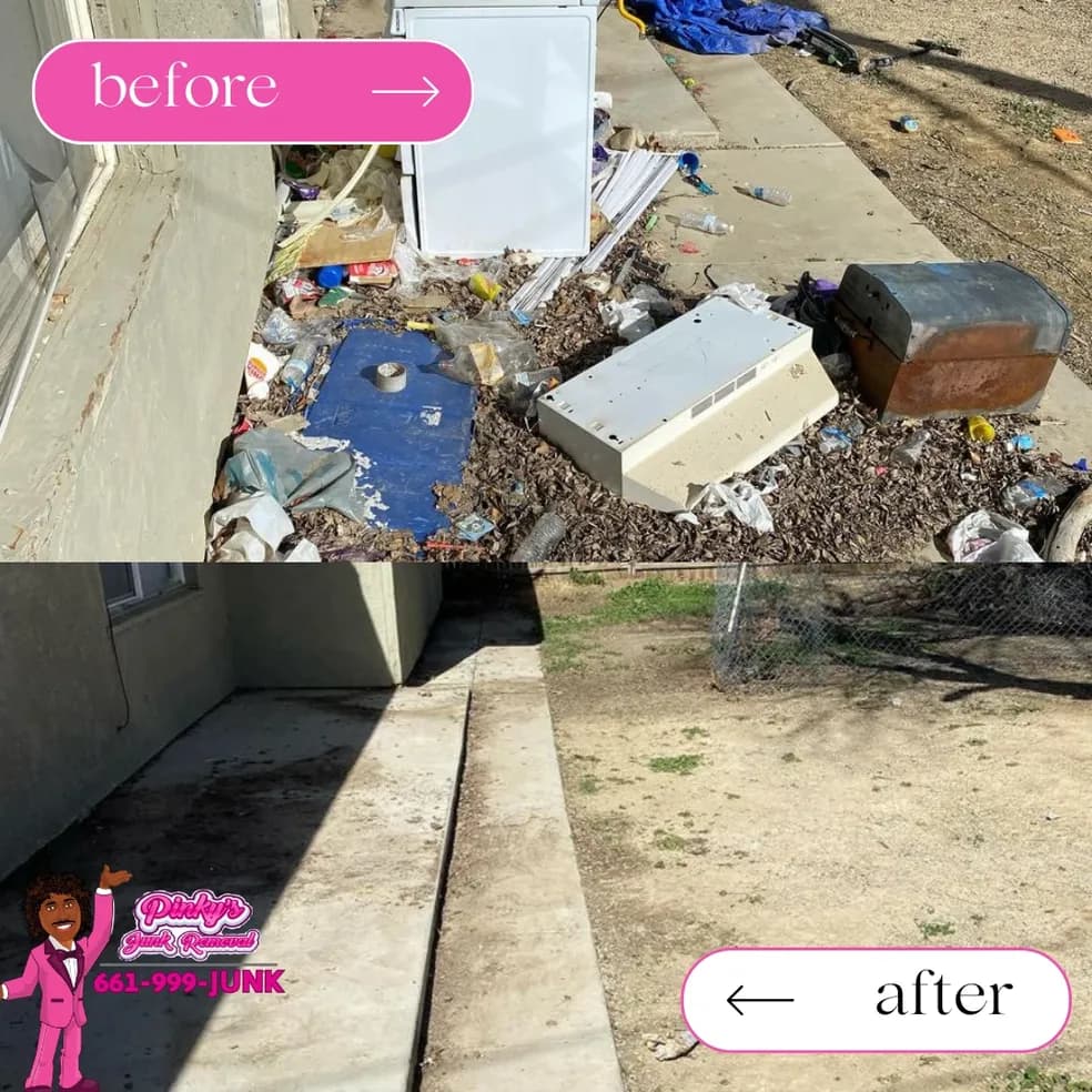 Palmdale backyard before and after: pile of dead branches and broken fence panels hauled, grass swept clean.