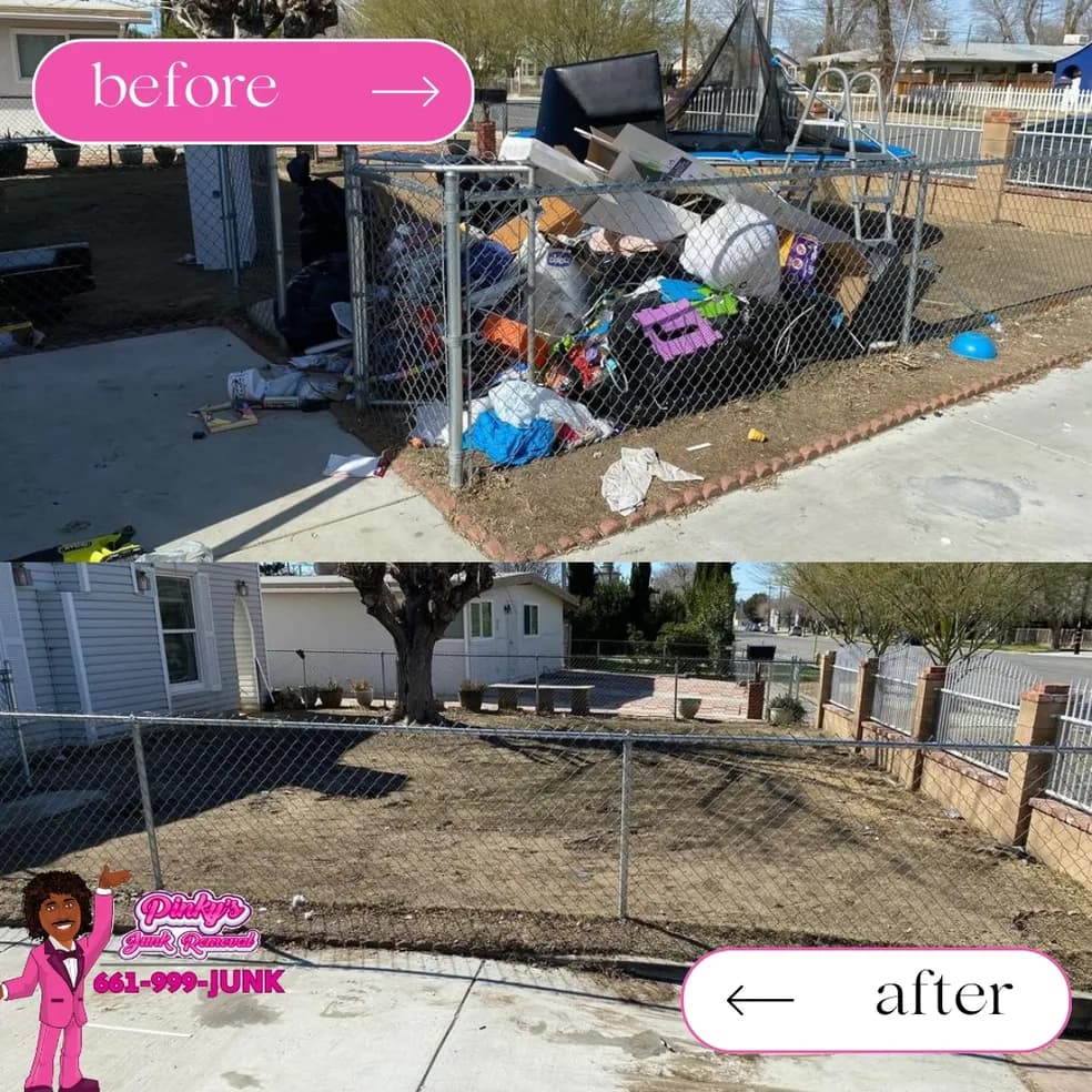 Palmdale living room before and after: couch, recliner, and a mattress removed, carpet vacuumed.