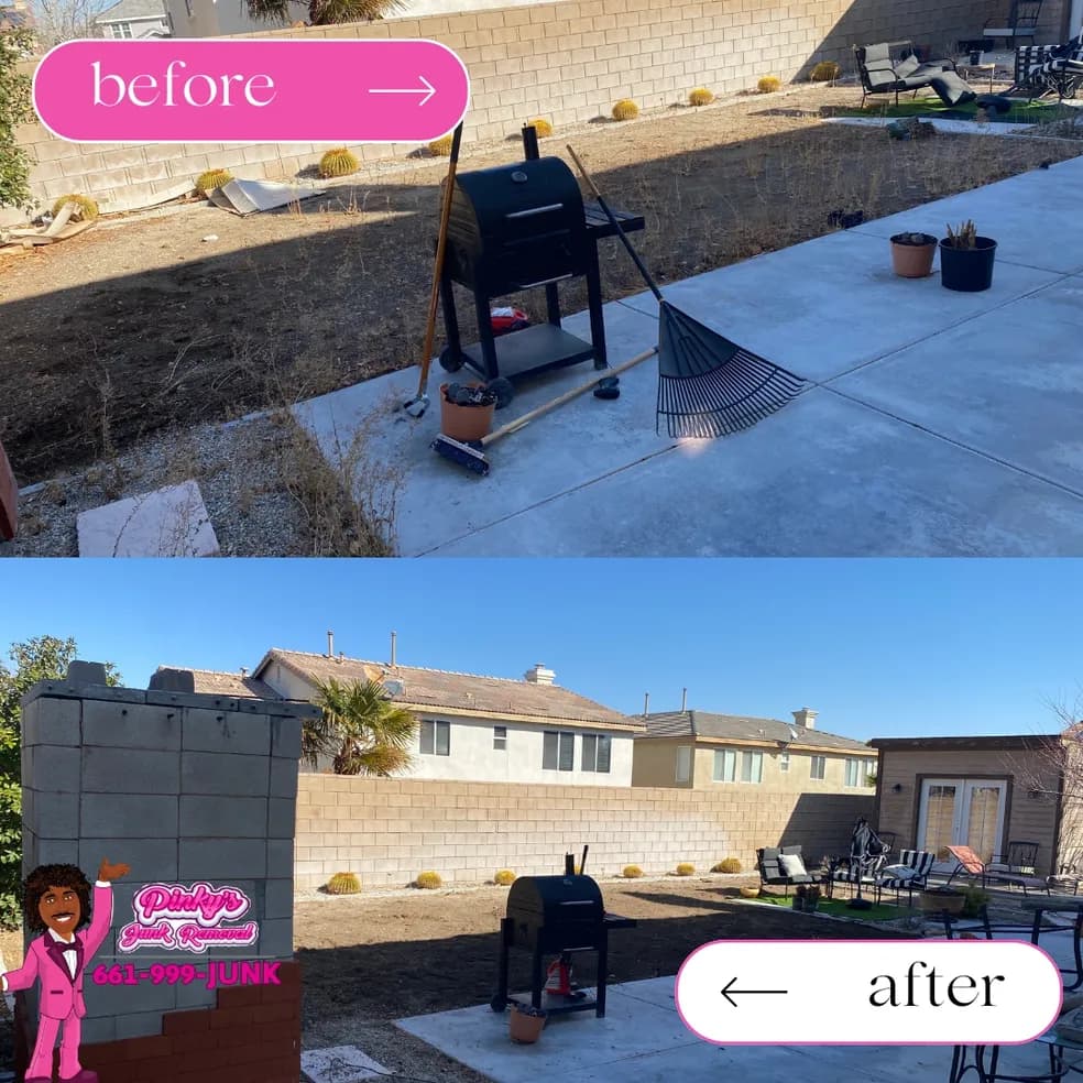 Quartz Hill half-acre backyard before and after: stacked scrap wood and old pool parts removed.